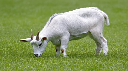 Obraz premium White goat grazing peacefully on lush green grass in a serene pastoral setting.