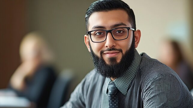Confident South Asian man with glasses and beard smiles during a business meeting.