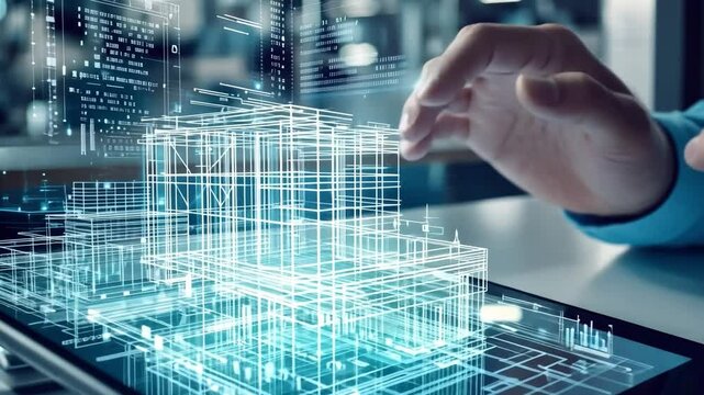 Digital Architecture: A close-up shot of a hand interacting with a 3D model of a building on a tablet, surrounded by intricate code and data visualizations. The image evokes a sense of innovation. - Powered by Adobe