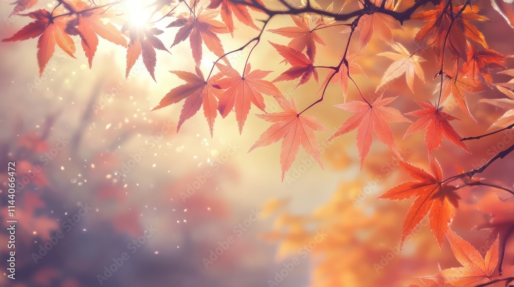 Poster sunlit golden maple leaves in autumn showcasing vibrant colors and soft bokeh effects for a serene n