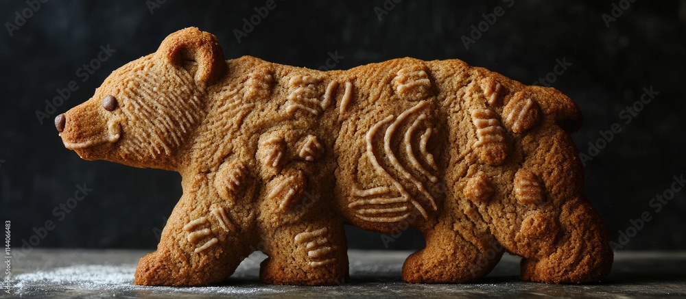 Poster gingerbread cookie shaped like a bear intricately designed with detailed patterns and textures on a 