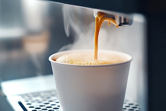 Coffee machine pouring freshly brewed coffee into paper cup