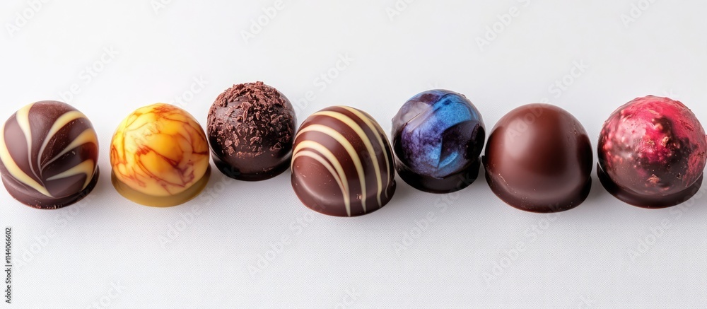 Poster artisan chocolate truffles assortment with unique designs and textures displayed on a white backgrou
