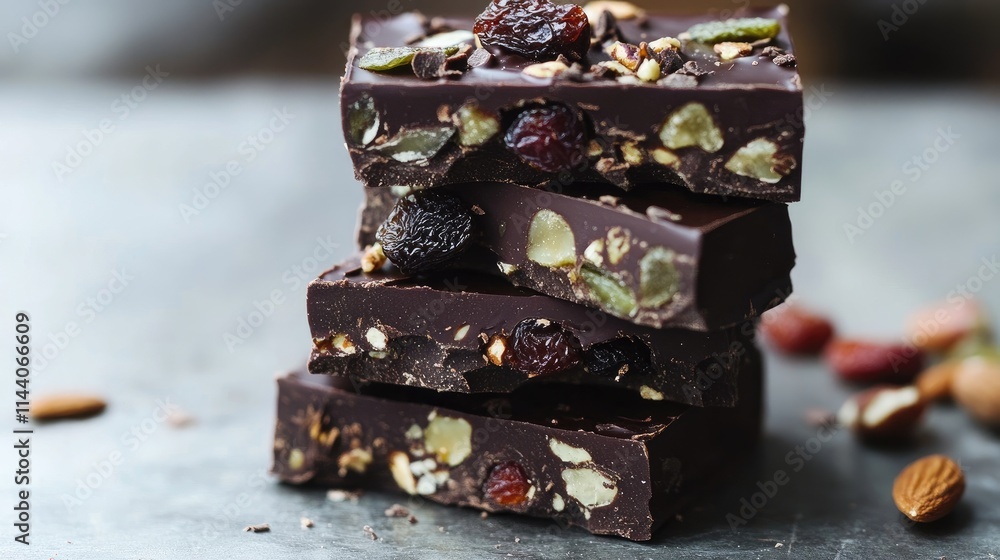 Poster artisan chocolate bars adorned with an assortment of dried fruits and nuts stacked enticingly on a r