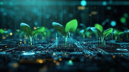 Futuristic digital landscape growing plants AI-driven agriculture represented by dynamic icons data graphs tech interfaces symbolizing innovation modern farming practices sustainability