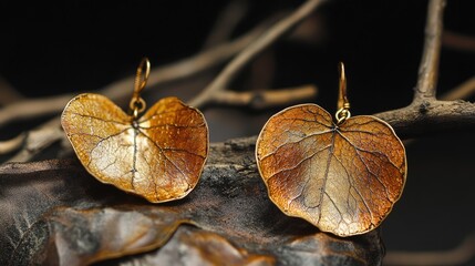 Elegant handmade earrings crafted from natural materials featuring intricate leaf designs and a warm golden finish.
