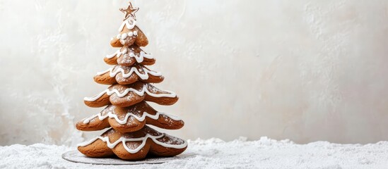 Handmade gingerbread Christmas tree decorated with icing on a white background for festive holiday imagery