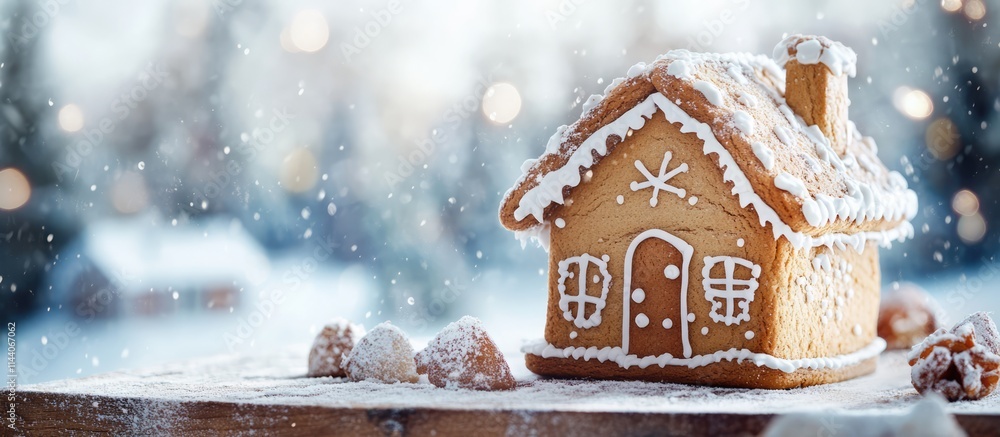 Poster gingerbread house on rustic wooden surface with snowy bokeh background creating a warm festive atmos