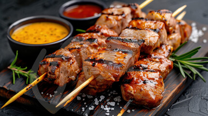 Fototapeta premium Juicy grilled meat skewers served on a rustic wooden platter with mustard and spicy tomato dips, garnished with rosemary and sprinkled with coarse salt. 