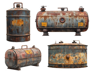 Naklejka premium Old rusty barrel collection isolated on transparent background. Generative AI
