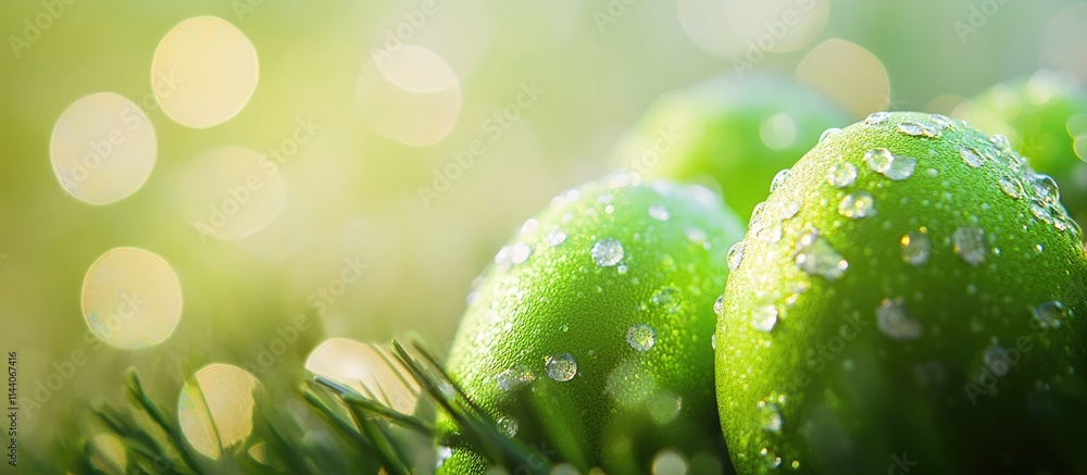 Aufkleber green easter eggs resting on fresh grass with water droplets and a softly blurred spring background 