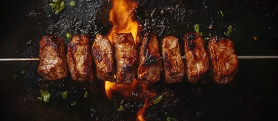Grilled beef kebabs on skewers over open flame showcasing delicious street food barbecue preparation at an outdoor picnic.