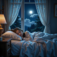 A peaceful night s sleep under the moonlight with soft draperies and a cozy atmosphere, digital painting of nighttime tranquility concept.