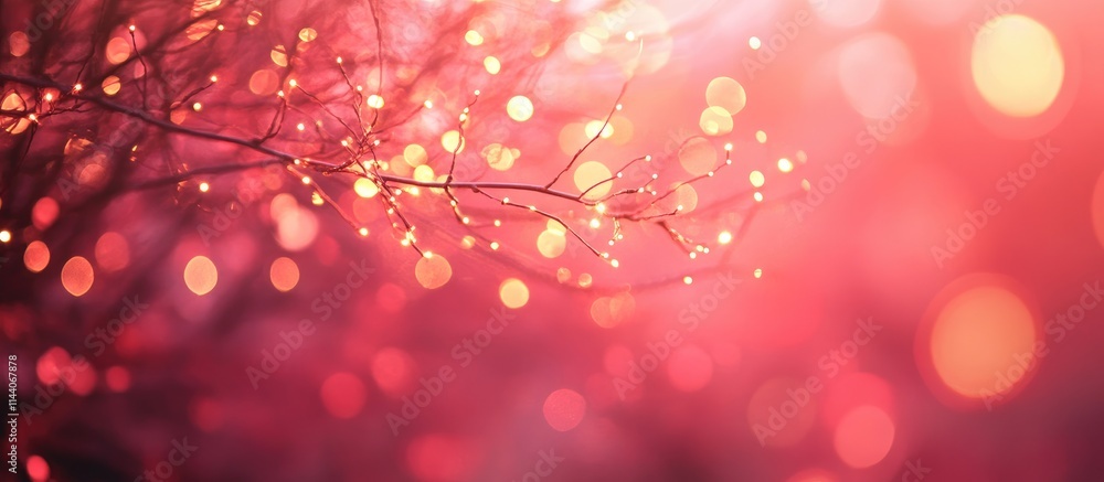 Poster illuminated tree branches with golden lights against a vibrant magenta background creating a dreamy 