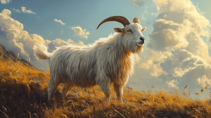 Obraz premium Majestic goat standing on a lush pasture under a dramatic sky in a serene natural landscape