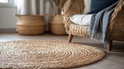 Fototapeta premium Natural woven round carpet in a cozy living room setting with wicker furniture and decorative baskets for a warm and inviting ambiance.