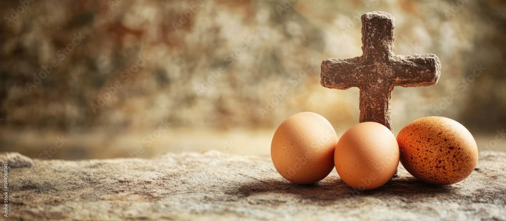 Aufkleber blank greeting card design featuring natural eggs and a rustic cross symbolizing easter and new begi
