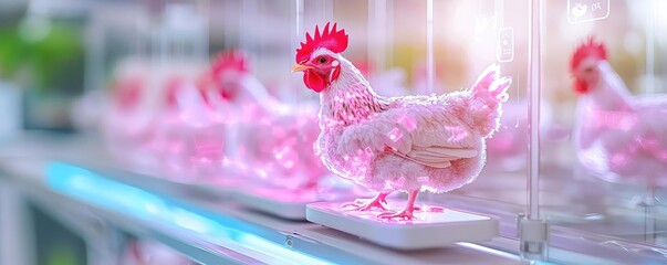 Animal feed business poultry concept. Poultry farm management app, floating holograms, clean, tech-driven environment