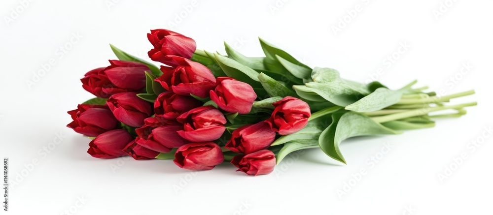 Poster greeting card mockup showcasing a vibrant bouquet of red tulips on a clean white background with amp