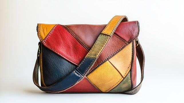 Handcrafted patchwork leather crossbody bag with vibrant colors on a white background showcasing artisanal craftsmanship and unique design.