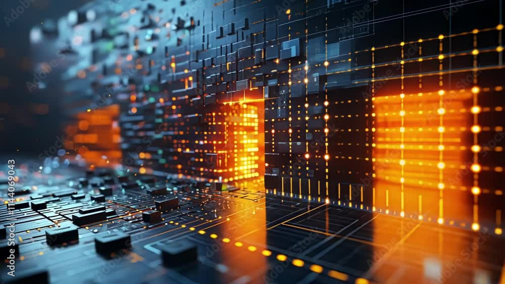Poster complex data streams are flowing through a futuristic server room, creating a stunning visualization
