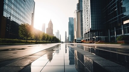 Fototapeta premium Modern Cityscape at Dawn: Reflections on a Wet Street