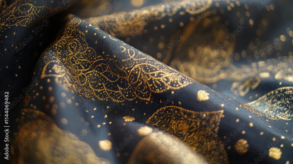 Poster Luxurious fabric with intricate gold thread patterns shimmering on a deep blue background creating an elegant textile design.