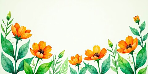 Fototapeta premium Vibrant Orange Flowers and Lush Green Foliage Create a Stunning Floral Border Perfect for Invitations, Cards, and Decorative Designs