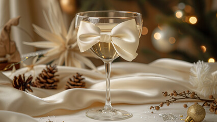 elegant wine glass adorned with white bow, decorated with festive elements