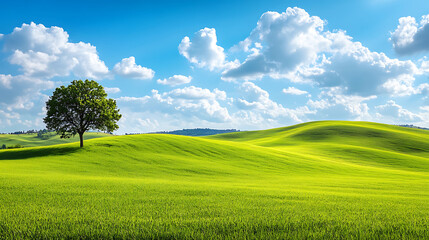 Obraz premium Green Hills Meadows Under Blue Sky, Lush grassland landscape, Bright blue sky with fluffy white clouds, Pastoral countryside scene