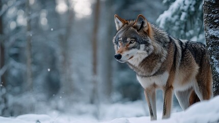 Fototapeta premium A wolf stands and stares at the cold forest
