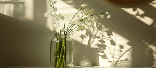 Bamboo sticks with white flowers in a glass vase casting shadows in soft natural light against an artistic wall and mirror decor