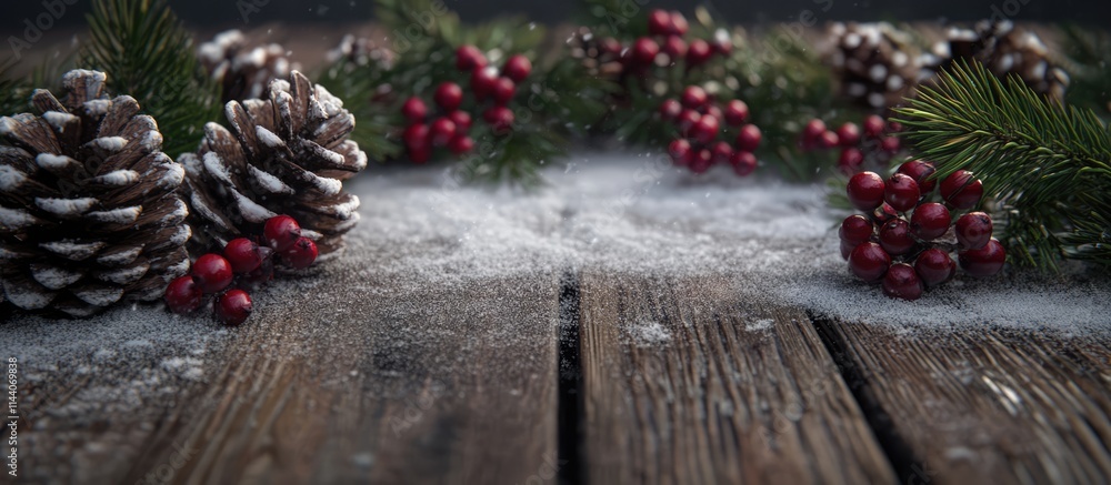 Poster rustic holiday greeting card design with snow-dusted spruce branches cones and red berries on a wood