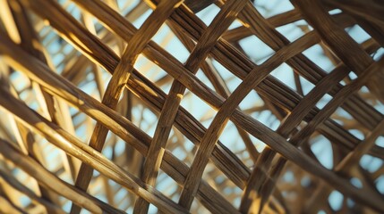 Handcrafted bamboo weave pattern texture creating an abstract background from a low angle perspective to enhance visual depth and interest