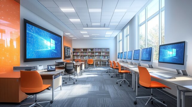 Futuristic study area interactive screens demonstrating evolving classroom experience where technology enhances learning through digital tools interactivity personalized educational content