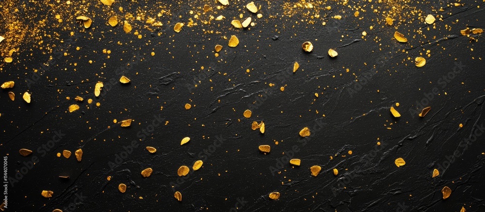 Poster golden confetti scattered on a black background creating an elegant festive atmosphere with ample co