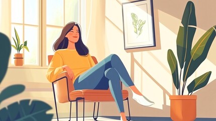 A young woman relaxes in a sunlit room, enjoying a moment of tranquility surrounded by greenery.