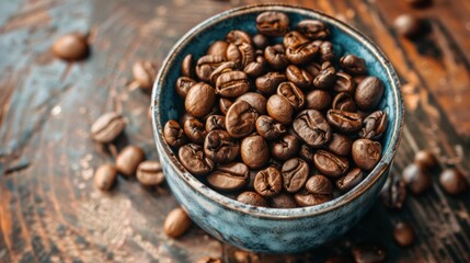 Fototapeta premium Bowl of roasted coffee beans on a wooden table