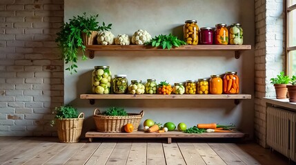 Rustic kitchen pantry shelves showcasing an assortment of preserved vegetables and fruits in glass jars, complemented by fresh produce and potted herbs in wicker baskets.