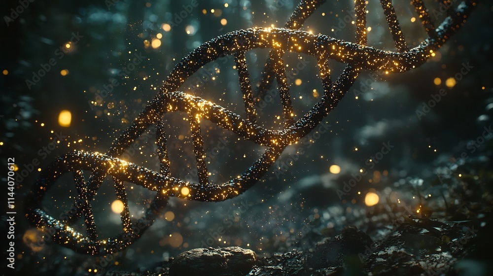 Poster mesmerizing 3d digital art featuring luminous flowing dna strands with shimmering particles creating