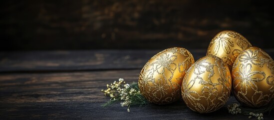 Fototapeta premium Elegant golden Easter eggs with intricate embellishments arranged on a dark wood background for festive seasonal decor or celebrations