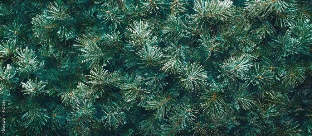 Poster close-up of dense green pine branches creating a textured winter backdrop with ample copy space for 