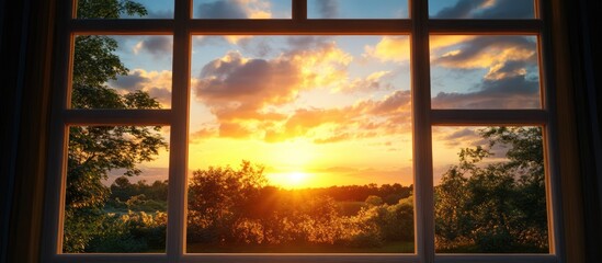 Golden sunset view from a cozy window showcasing serene natural beauty and warm atmospheric light