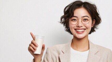 Smiling young Asian woman in glasses holding a drink, showcasing a cheerful and stylish look against a minimal backdrop.