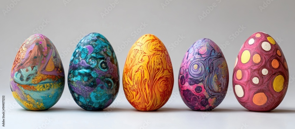 Poster colorful handcrafted easter eggs displayed in a row showcasing intricate designs and vibrant pattern