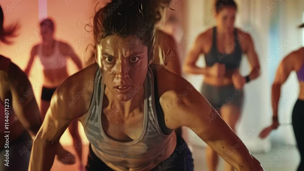 Poster unclear individuals push through the burn in a bootcamp class.