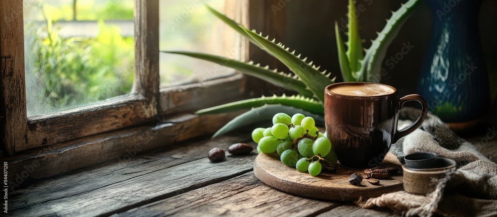 Poster handcrafted coffee in a rustic setting with aloe leaves and fresh grapes creating a warm and invitin