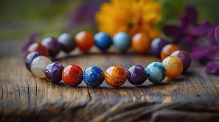 Colorful handmade bracelet featuring natural gemstones on a rustic wooden surface surrounded by flowers.