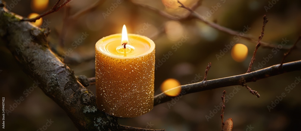 Aufkleber elegant golden candle illuminated on a rustic branch surrounded by soft ambient light creating a coz