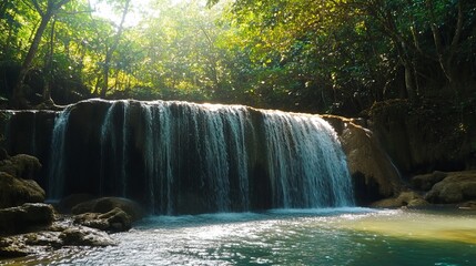 Beautiful waterfall with sunlight in autumn forest at National Park,